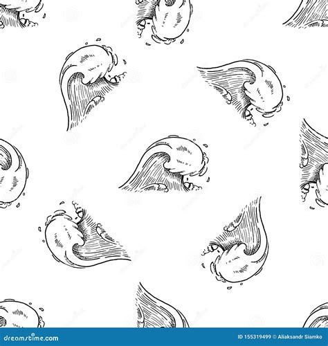 Hand Drawn Seamless Pattern Ocean Wave Doodle Sketch Style Icon