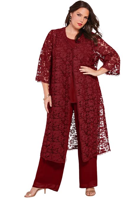 Roamans Womens Plus Size 3 Piece Pant Set With Lace Jacket Suits