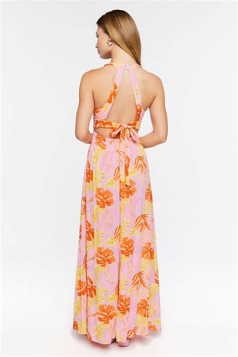 Tropical Leaf Print Halter Maxi Dress