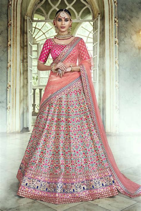 Here's the ultimate guide on what to wear to an indian wedding! Buy Peach and chickoo Handloom silk Indian wedding lehenga ...