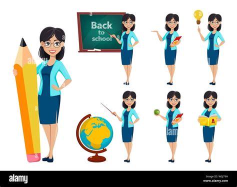 back to school teacher woman cartoon character set of seven poses teacher s day vector