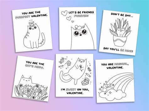 Coloring Cat Valentine Cards Printable Black And White Cat Etsy In