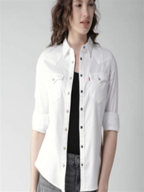 buy levis women white regular fit solid denim casual shirt shirts for women 2584184 myntra