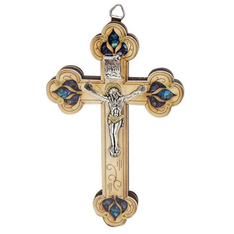 Handmade Wooden Wall Cross Inri With Jesus Crucifix And Blessed Gemstone