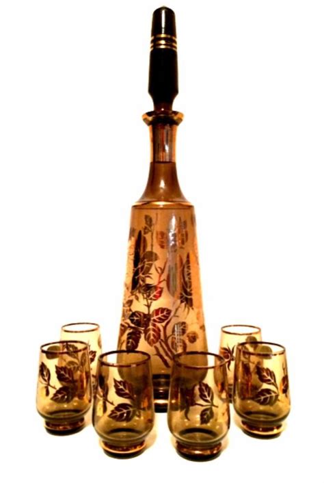 Bohemia Glass Decanter Six Glasses Smokey Glass Gold Floral Trim Czechoslovakia Bohemiaglass