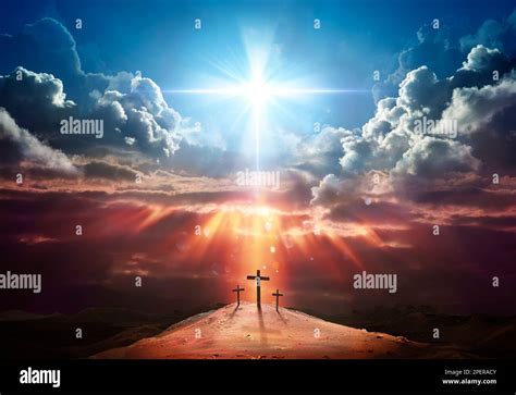 Resurrection Light Cross Shape In Clouds Risen Jesus Ascends To