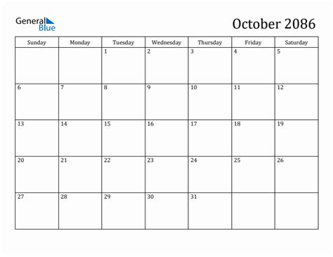 October 2086 Monthly Calendar Pdf Word Excel