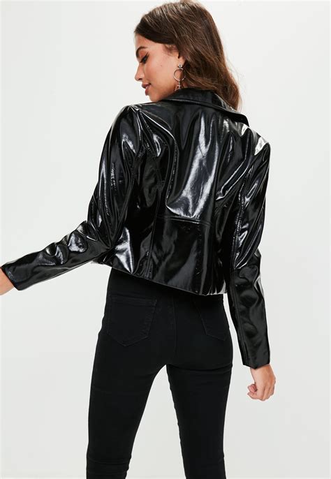 Lyst Missguided Black Patent Faux Leather Biker Jacket In Black