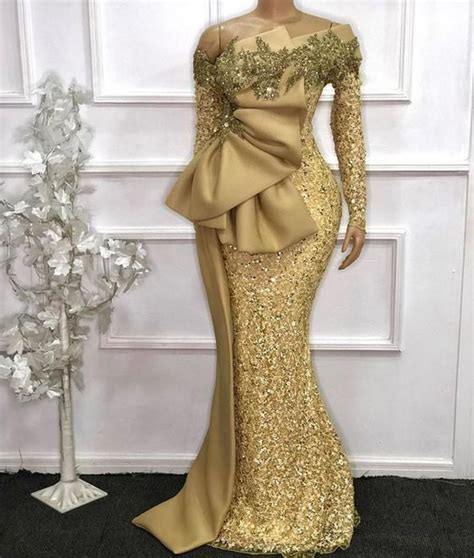 Elegant African Long Sleeves Lace Mermaid Evening Dresses 2021 Gold See Through Full Sleeves