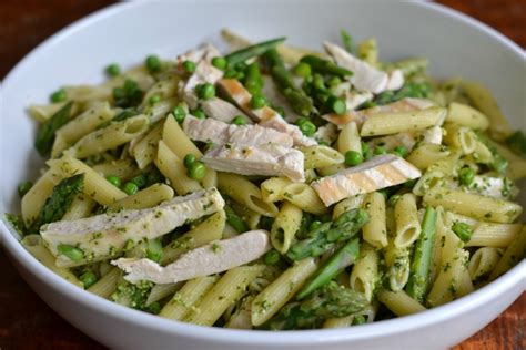 Pesto Pasta With Chicken Asparagus And Peas Good In