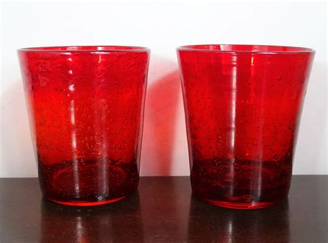 Set Of 2 Red Drinking Glasses Large Vintage High Ball Bar Tumblers Clear Heavy Weight Cocktail