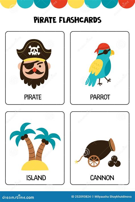 Cute Pirate Elements With Names Flashcards For Children Stock Vector