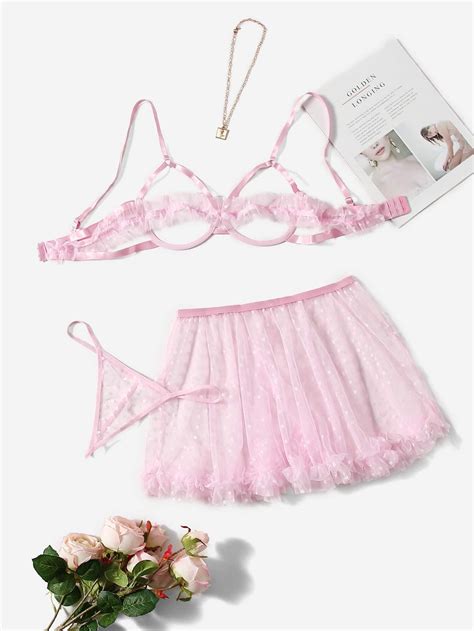 pink cute mesh polka dot sexy sets embellished slight stretch women intimates pretty lingerie