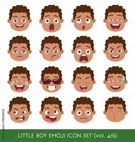 Set Of Kid Facial Emotions Black Boy Emoji Character With Different
