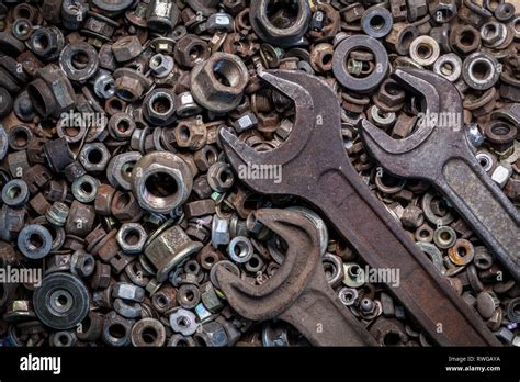 Flat Lay Metal Wrenches Of Different Sizes Lie On The Background Of