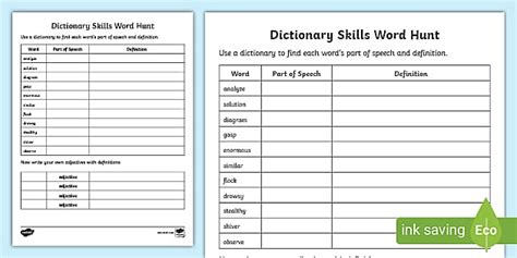 Dictionary Skills Word Table Worksheet Worksheet Twinkl