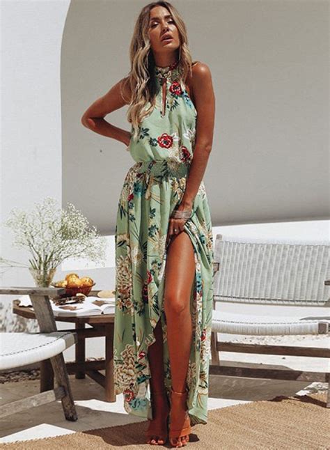 Summer Irregular Floral Printed Halter High Neck Elastic Waist Dress STYLESIMO Com