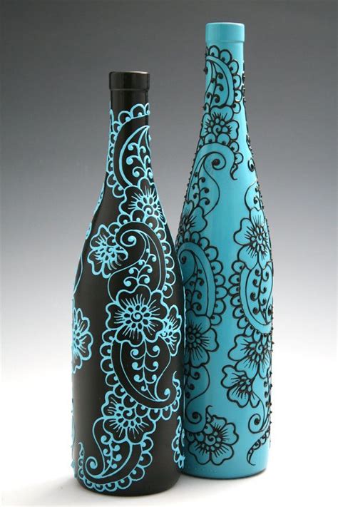 Henna Style Decorative Wine Bottle Vase Sunshine Yellow Bright Pink