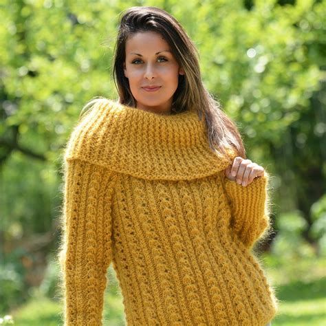 Yellow Cable hand knitted cowlneck mohair sweater by Extravagantza