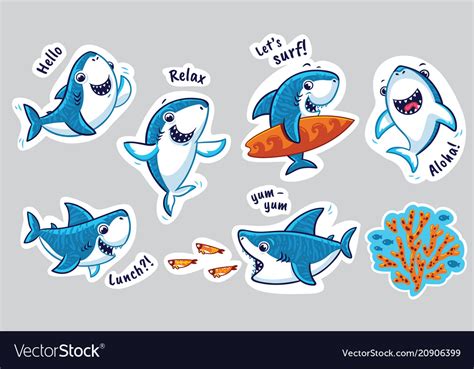Sticker Set With Funny Sharks In Cartoon Style Vector Image