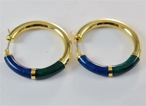 K Yellow Gold Hollow Hoop Earrings With Blue And Green Enamel