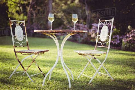 Green Garden With Old Garden Furniture And Champagne Stock Photo
