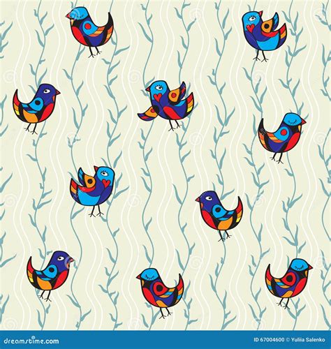 Seamless Pattern With Merry Birds And Branches Leaves Stock Vector