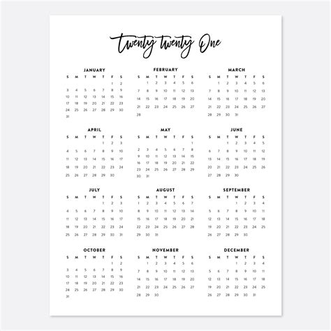 2021 Yearly Write In Calendars Month Calendar Printable