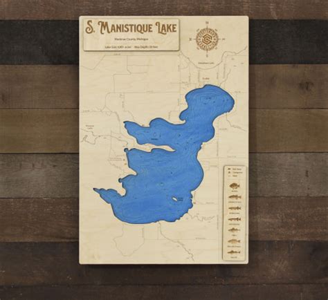 Manistique South Whitefish Wood Engraved Lake Map