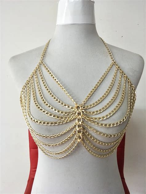 Sexy Bikini Chainmail Tops Harness Bra Body Chest Chain Silver Gold Body Jewelry Boho Necklace