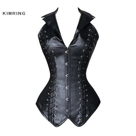 Kimring Womens Plus Size Halter Steampunk Corset Vest Gothic Faux Leather Steel Boned Overbust