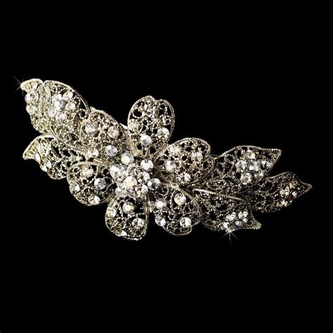Silver Plated Floral Crystal Bridal Or Prom Barrette Hair Accessories
