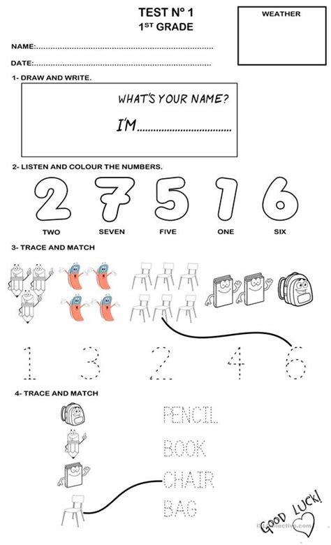 For the last several years, we have started back with students in the middle of the week. First grade test worksheet - Free ESL printable worksheets ...