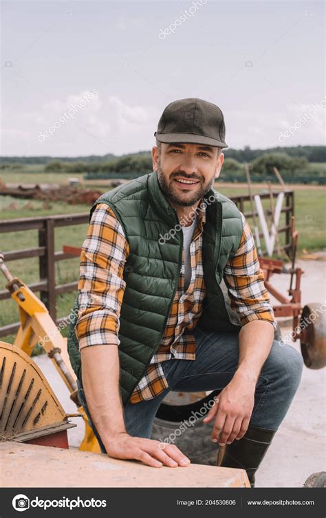 Handsome Middle Aged Farmer Cap Smiling Camera While Working Ranch