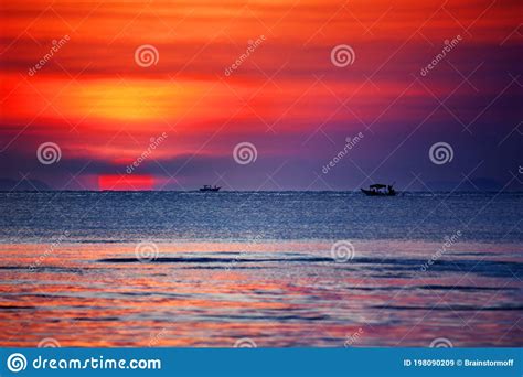 Beautiful Golden Sunset Landscape Orange Sky Blue Sea Yellow Sun