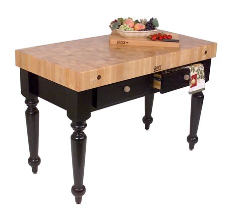 This table features a butcher block countertop, which can be used as a chopping station while preparing food. John Boos Rustica Butcher Block Kitchen Island Table ...