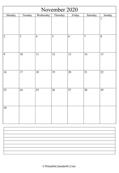 Printable November Calendar 2020 With Notes Portrait