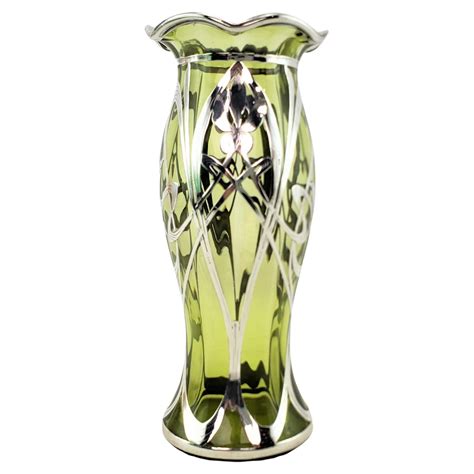 Art Nouveau Green Glass Vase With Sterling Silver Overlay By Alvin At 1stdibs