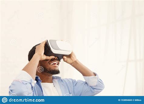 Cheerful Man Trying Vr Glasses At Home Stock Image Image Of Background Home 153894665