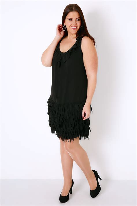 Sienna Couture Black Drop Waist Frill Dress With Fringed Hem Plus Size