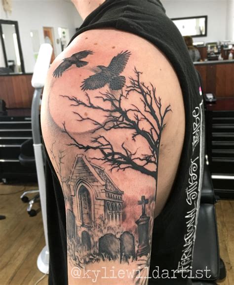 graveyard tree crows moon tombstones tattoo sleeve in progress by kylie wild heslop