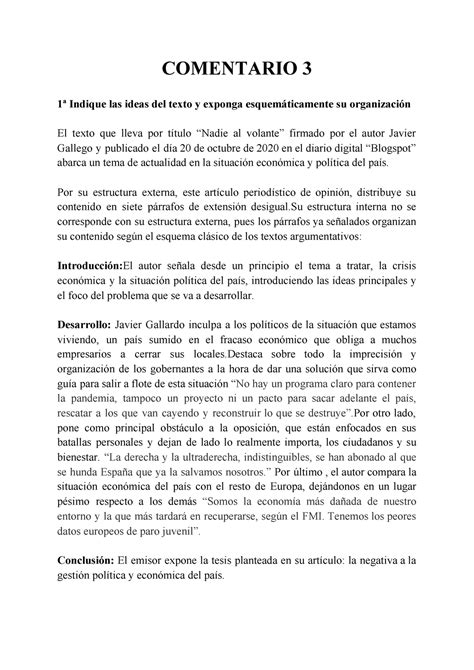 Comentario De Texto Periodistico Comentario 3 1ª Indique Las Ideas