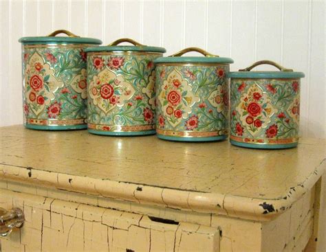 Vintage Jadeite And Rose Pink Shabby Tin Canister Set Of 4