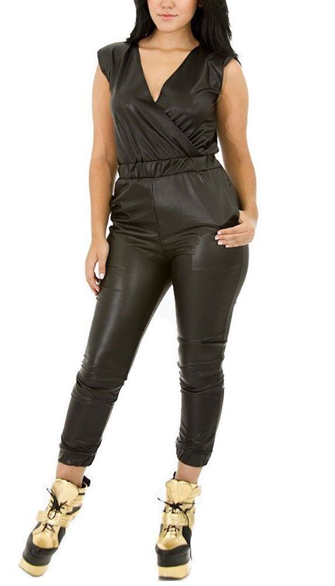 Black Faux Leather Jumpsuit Shoulder Skinny Bodysuit Side Pockets 44