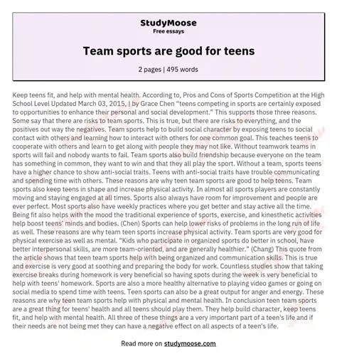 Team Sports Are Good For Teens Free Essay Example