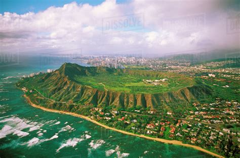 Hawaii Oahu Aerial Of Diamond Head Crater With Coastline View Kahala