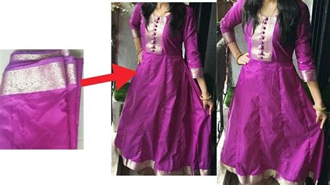 Convert Old Saree In To Designer Anarkali Kurti Full Tutorial Reuse Old Saree Into Anarkali