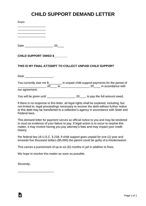 Free Child Support Demand Letter Template Sample Pdf Word Eforms