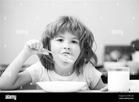 Child Eating Healthy Food Cute Little Boy Having Soup For Lunch Child
