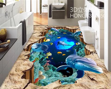 3d Flooring Underwater World Dolphin 3d Floor 3d Bathroom Wallpaper